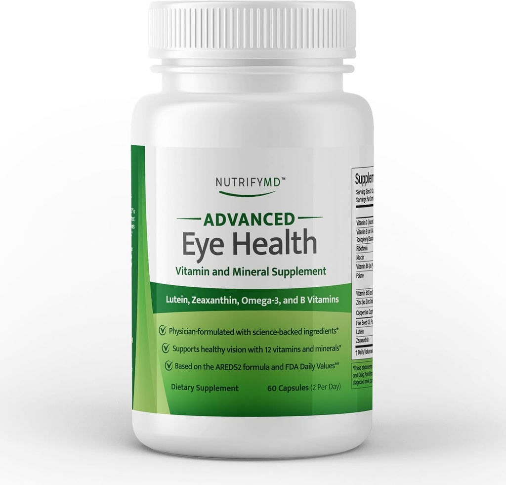 配有Lutein、Zeaxanthin、Omega-3和B型维生素的高级眼部保健维生素和矿物补充剂 -- -- 60卡普尔