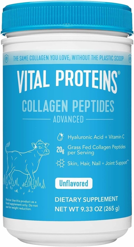 重要蛋白质草原加成Collagen 粉末加成Hyaluronic Acid和维生素C补充水解酸酯-非GMO,乳制品和Gluten Free Unflavored, 9.33oz