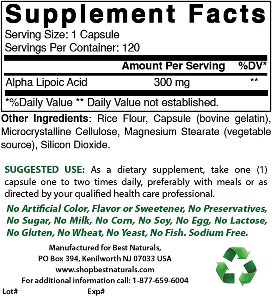 最佳天然物 Alpha Lipoic Acid 300 mg和甘化镁 425 mg