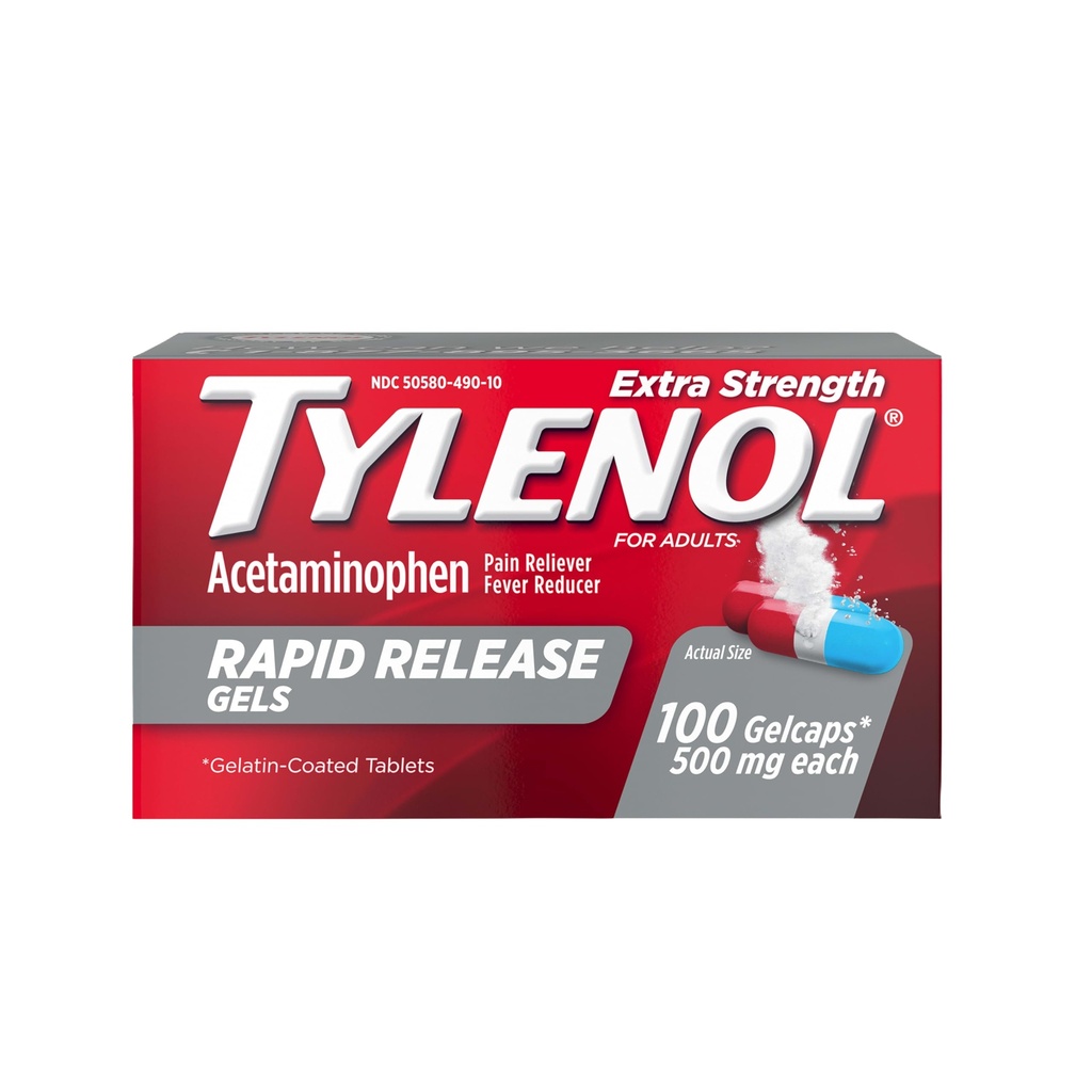 Tylenool Extra Power Acetaminophen 快速释放胶囊、疼痛解脱剂和减热剂、Gelcaps 与激光磨损孔进行快速释放、胃部温和剂、每Gelcap500毫克、100 OTC 药物