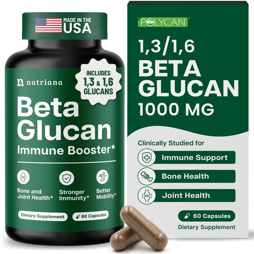 Nutriana Beta Glucan 补充1000mg – 1,3/1,6D Beta Glucan Capsules for Immune 支持 – Natural Beta Glucans Fiber 补充 60 Vegie Capsules (60 Counter, 不受欢迎)