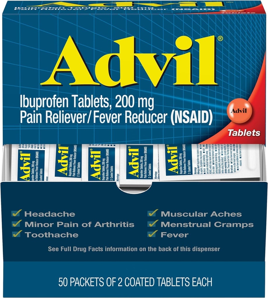 Advil Ibuprofen 药片,200毫克止痛剂/减热剂(NSAID),100 药片(每药片50包2片)