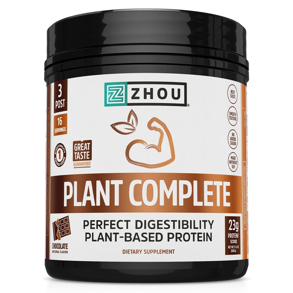 Zhou Plant Complete Vegan蛋白粉 - 女性和男性基于植物的蛋白粉,非乳大米和Pea混合的平滑和摇摆,21g protein per Service - 巧克力,17.7oz(16 services)