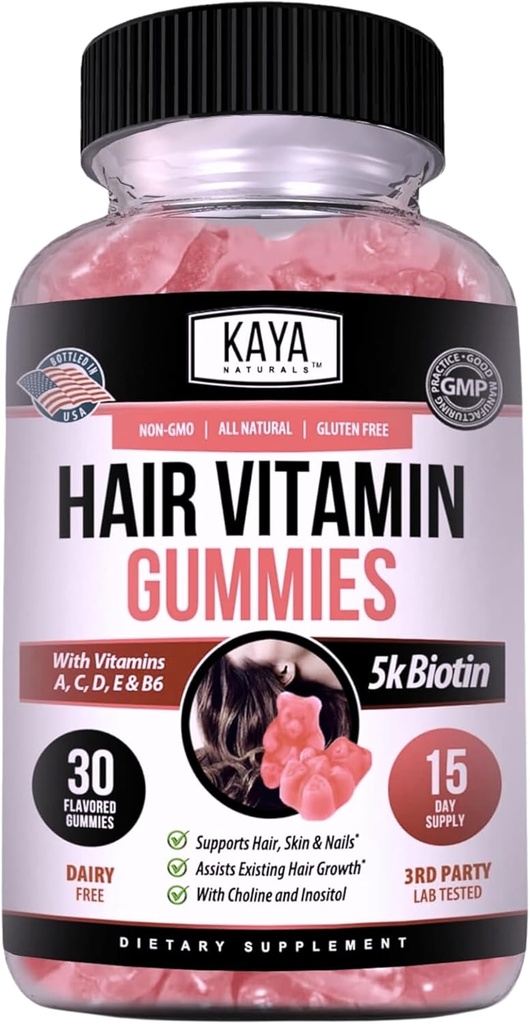 Kaya Naturals Hair Gummys - Biotin 5000mcg 健康头发、皮肤和钉子的维生素 - 女性或男性的美容补充 - 30 Counter - Blueberry Flavor