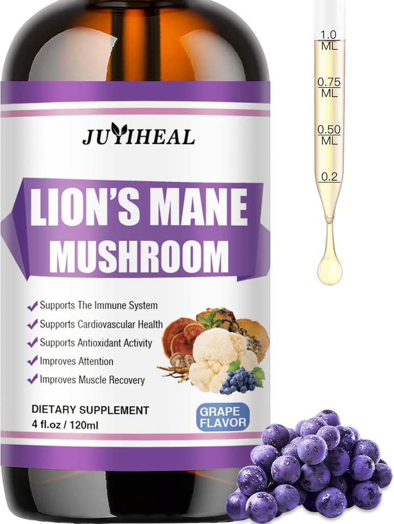 Lions Mane Liquid - 大脑支持,能量,记忆和焦点 - 糖和无酒精的Lions Mane补编 - 4 Fl OZ,4个月供应,葡萄火焰