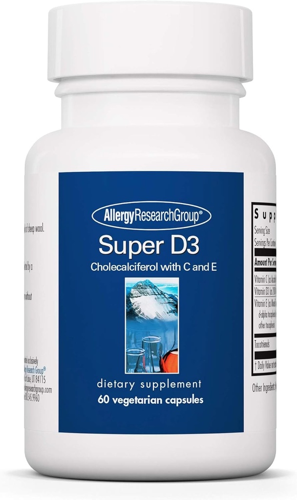过敏性研究组 超级D3饮食补充 - Bone & Immune Support, Cholecalciferol with C & E, Vegetarian Capsules, Gluten Free - 60 Counter