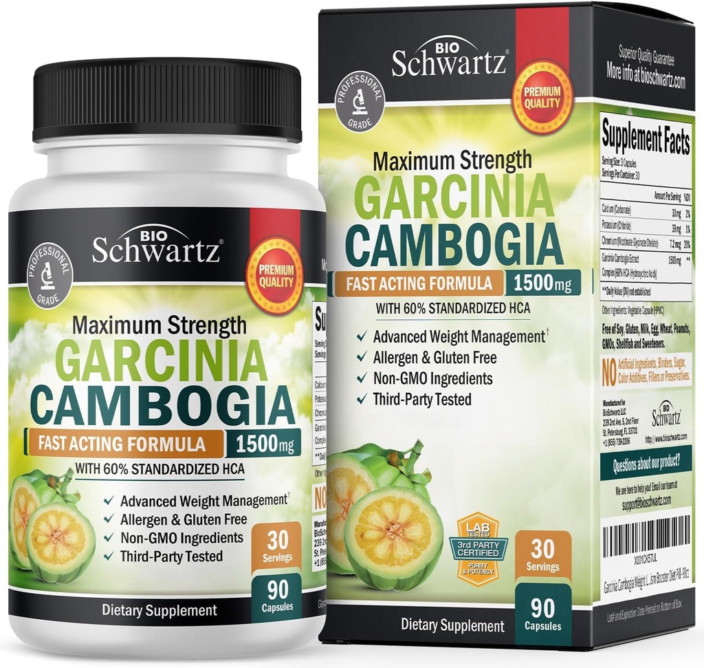 Garcinia Cambogia 体重损失药片 - 1500mg HCA 纯吸附剂 - 快速代理 Appetite 抑制剂 - 肥肉燃烧器 男女帮助减肥 - 碳阻塞剂 代谢药片 - 90 Capsules
