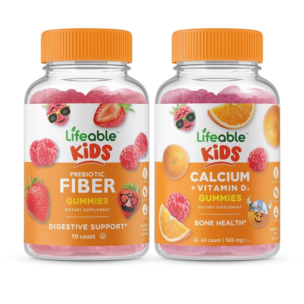 活生生的先生纤维儿童 + 含维生素D的孩子的钙,Gummys Bundle - 大品尝,维生素补充,Gluten Free, GMO Free, Chewwable Gummy