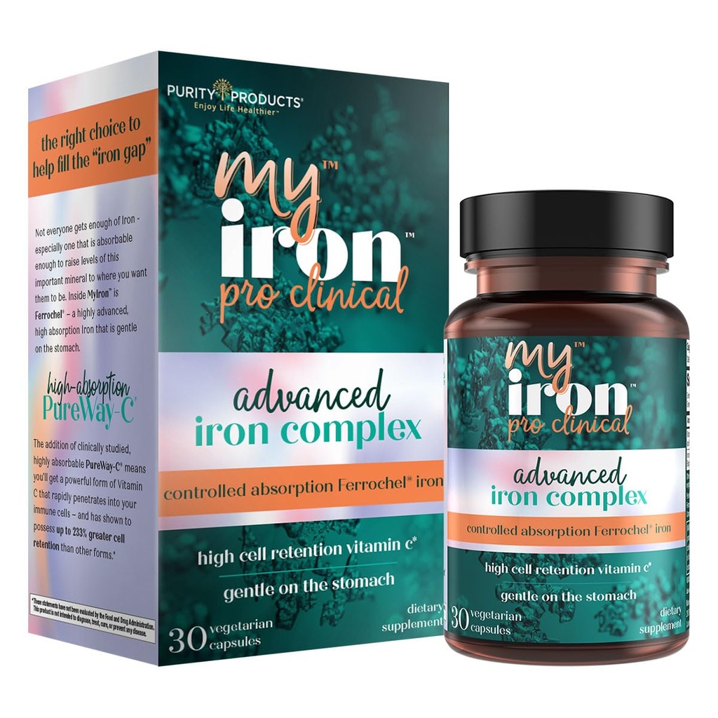MyIron ProClinical by purity Products - 铁(Ferrous Bisglycinate Chelelate) + 维生素C(PureWay-C) - 胃上的温柔 - 控制吸收 - 促进健康的红血细胞 - 30 Colets (1)