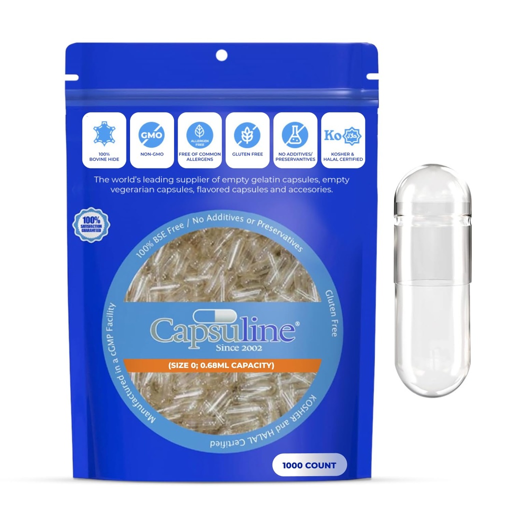 Capsuline Size 0 Empty Gelatin Capsules, Clear - 1000 Count | Gluten Free, Kosher, Non-GMO Certified | Pure Bovine Pill Caps for DIY Supplement Filling - 1000