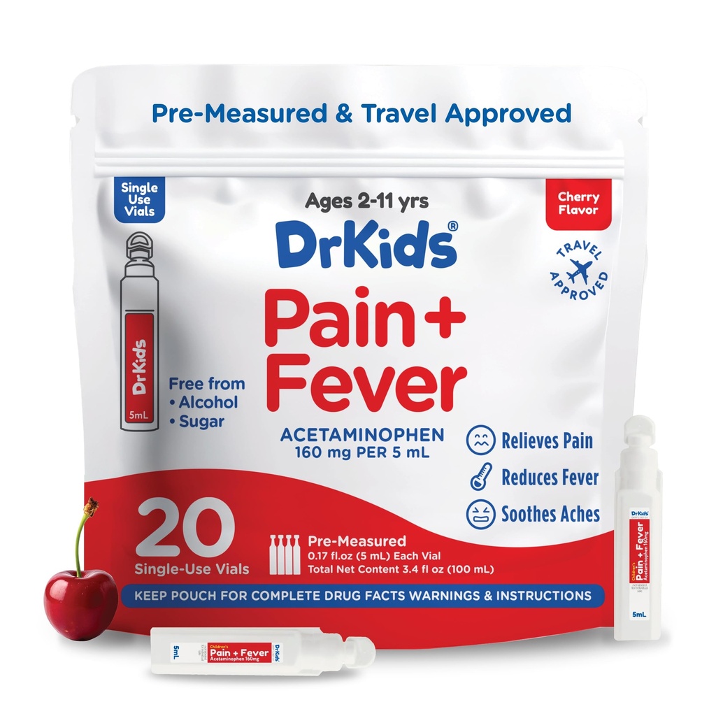 Kids ' s Children ' s Pain and fever Medical - Acetaminophen for Kids Agents 2 - 11, 头痛的预计量单用途阴道,喉痛,冷和流感,樱桃火焰,20 Counter (Pack of 1)