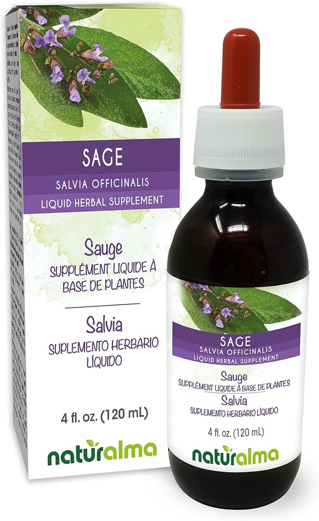 Naturalma Sage (Salvia officinalis) 叶无酒精小叮当 - 4 fl oz 液滴提取 - 草药补充 - Vegan
