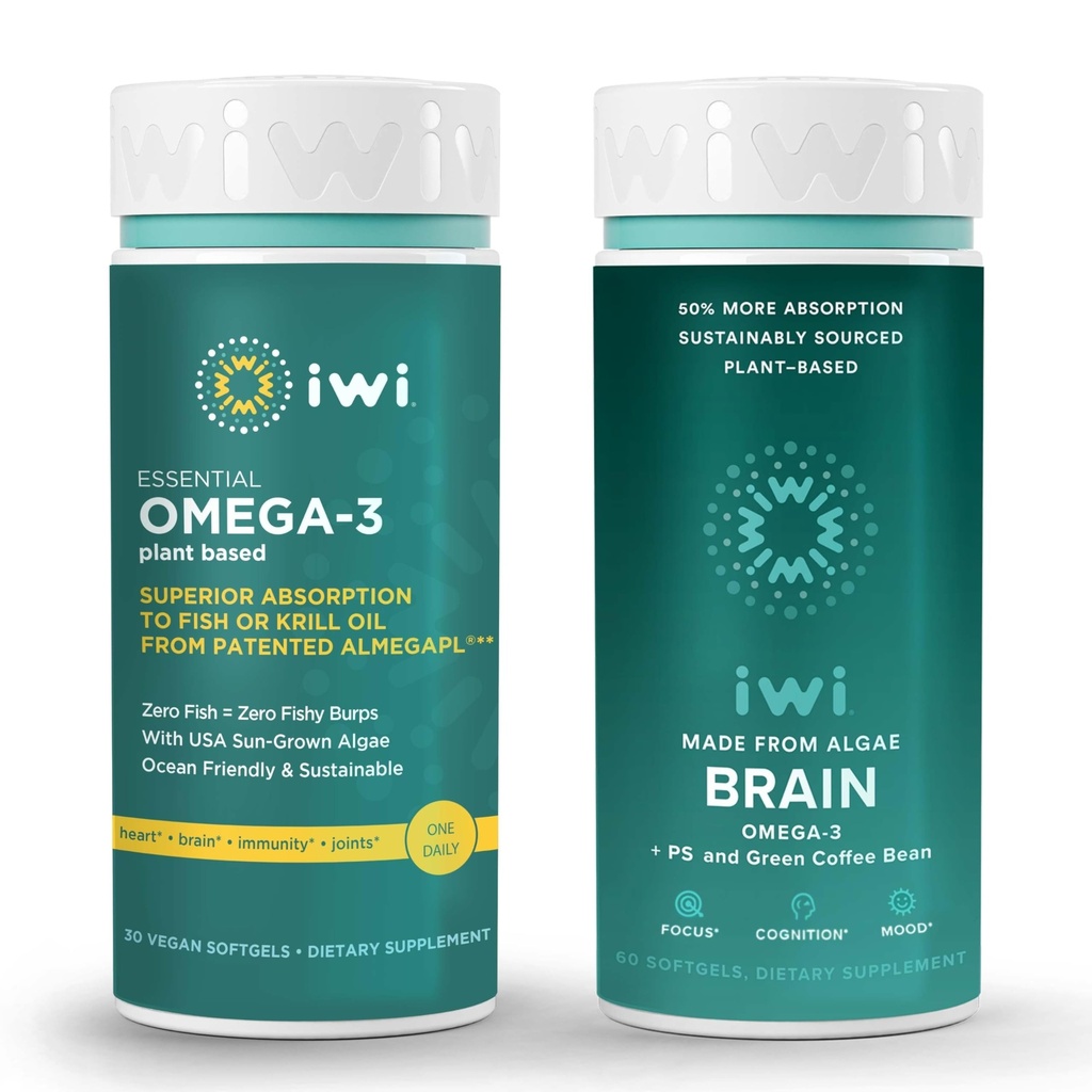 Iwi Omega-3 基本和大脑 Omega-3 Bundle, 30名服务员, Vegan 植物型藻 Omega 3 配有 EPA + DHA, Krill 和鱼油替代品, 无鱼味余料