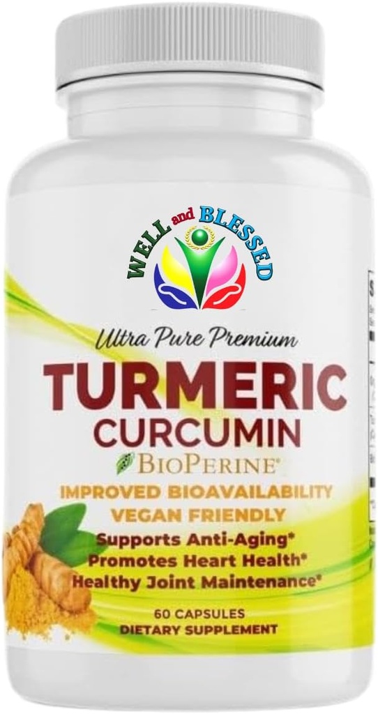 配有BioPerine的Turmeric Crucumin补充剂 - 60 Capsules - 有机图尔克根提取剂 - Vegan 友好型,强化吸收,日常联合和心脏支持