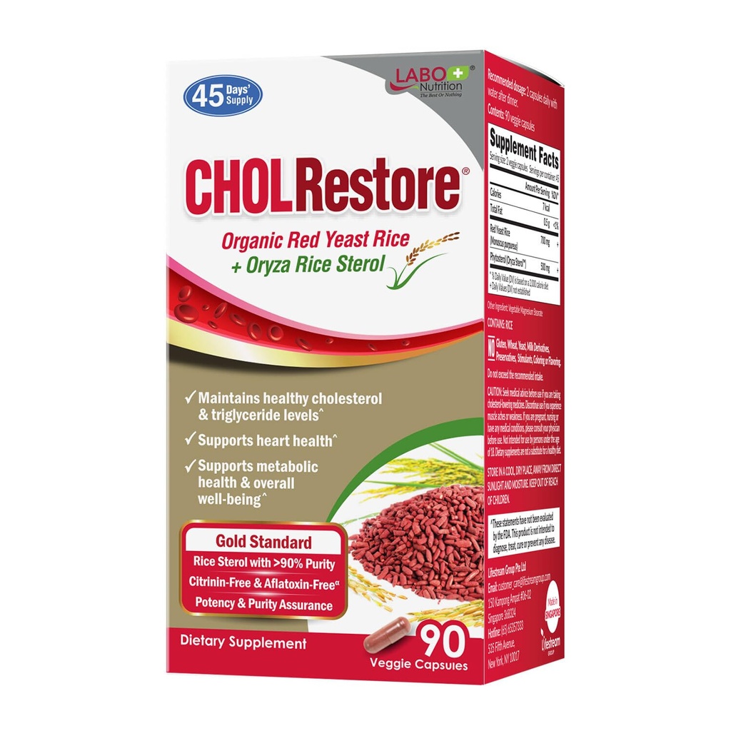 LABO 营养 CHOLRestore – 红酵母稻 配激素健康补充剂,支持健康胆固醇水平,Citrinin,Aflatoxin & Soy Free,90 植物卡普尔