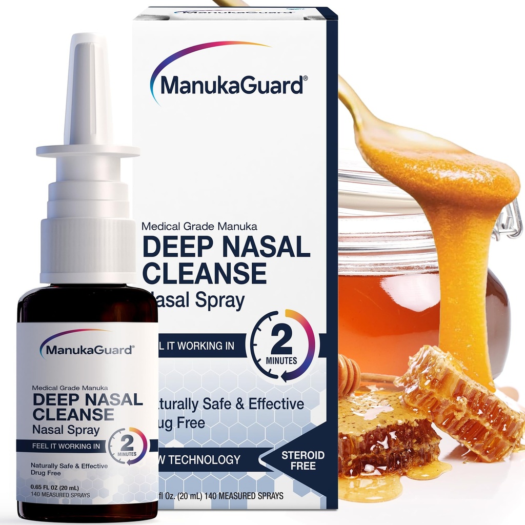 ManukaGuard医疗级 Manuka 蜂蜜天然鼻喷雾,加盐溶液,用于摄入支持、鼻塞和过敏救济、鼻摩擦、新西兰蜂蜜、MGO 600、0.65 fl oz瓶