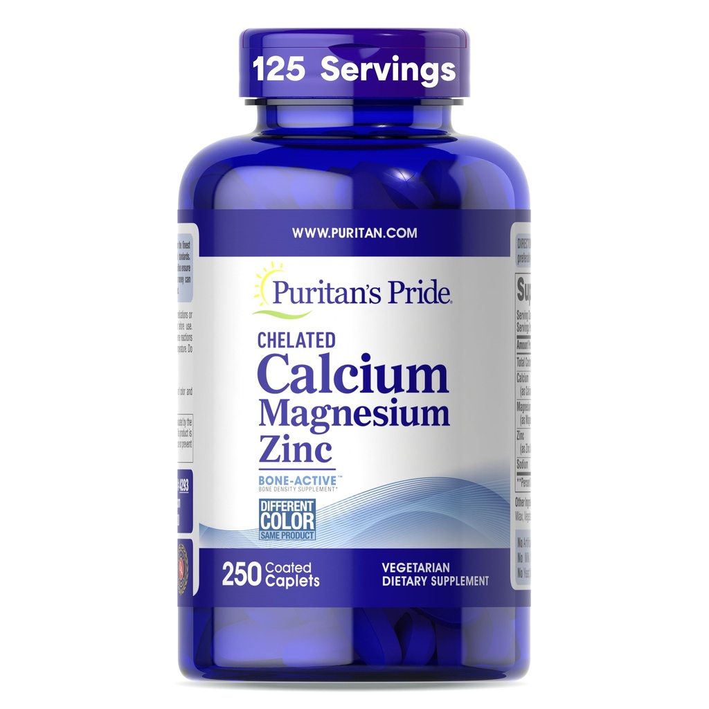清教徒的"荣耀精华"(Primium Premium Chelated Calcium Magnesium Zinc 配有 Bone-AactiveTM),"骨质健康和免疫功能支持的饮食补充"(Bone Health and Immune 函数支持),250 Ccoted Caplets
