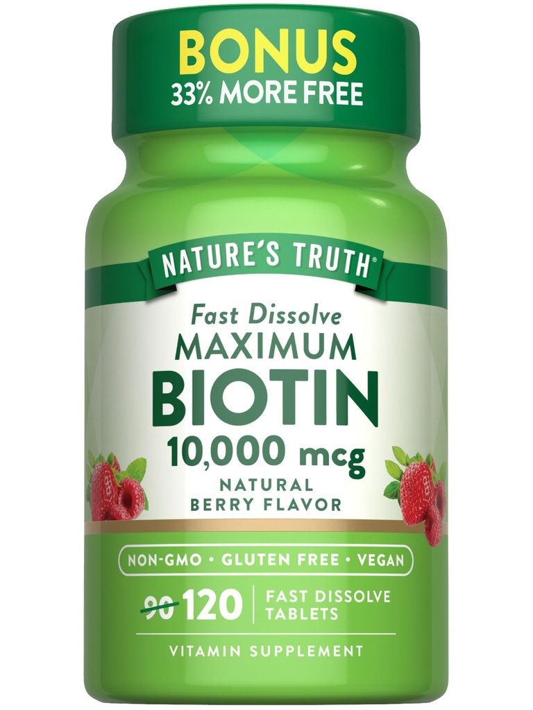 Nature's Truth Biotin 10000mcg QQ120 快速溶解平板电脑 最大力量 自然贝里 Flavor QQ Vegan, Non-GMO & Gluten Free Supplement
