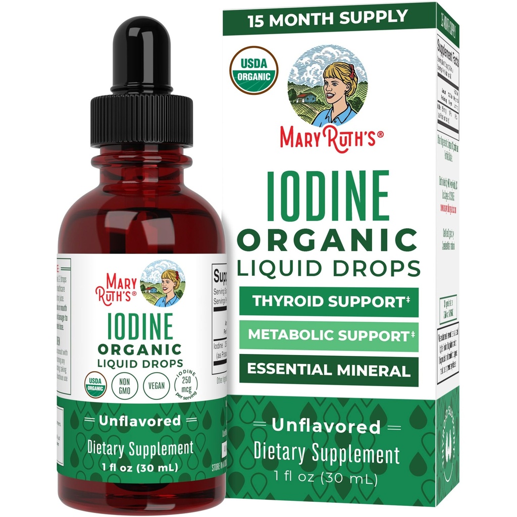 玛丽·鲁斯有机碘液滴 碘钾 一年供应 450 服务 甲状腺健康 USDA有机体 Vegan | Non-GMO | Gluten Free | 1 Fl Oz