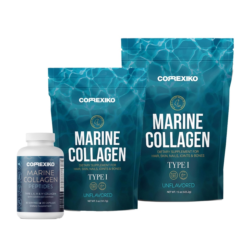CORREXIKO Marine Collagen 补充药丸和粉末包 - 包括 10,000mg 双水解Collagen 粉剂 15 oz & 5oz 和 1800mg Collagen Peptides 120 Capsules - 用于毛发、皮肤和钉子