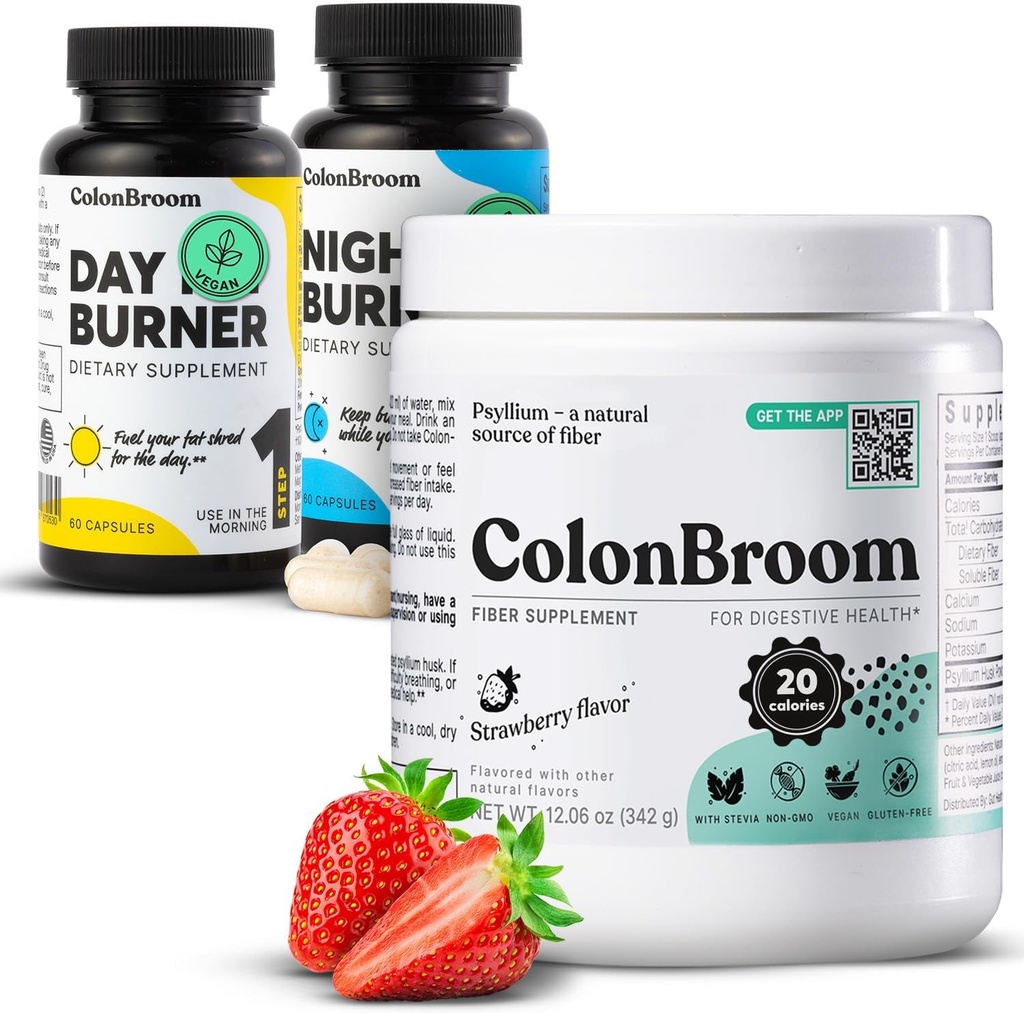 ColonBroom Psyllium Husk粉末,Colon Broom Colon Colon Cleanser Fiber 增殖救济和古特健康+日夜燃烧器增产,重量管理药丸(60种服务),3项