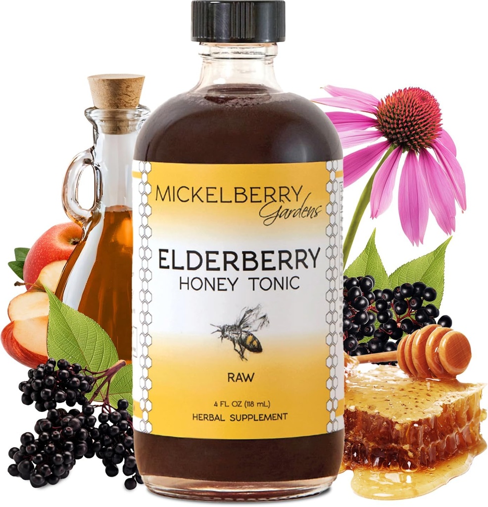 Mickelberry Gardens 长老莓蜂蜜汤尼、Sambucus Syrup、黑长老莓-成人和儿童免疫支助(4 Ounces)
