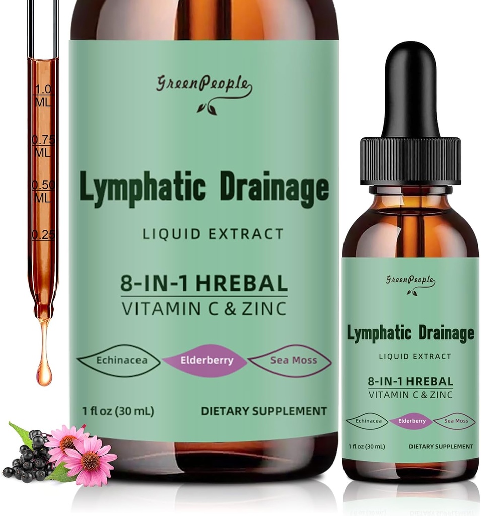 绿地PEOPLE Lymphatic Draines - 10in-1 Lymphatic Cleanse Supplement w/Echinacea, Cleavers & Burdock Root - 免疫支持, Cleanse & Detox - 高级吸收,非GMO (1 floz, 2 Pack)