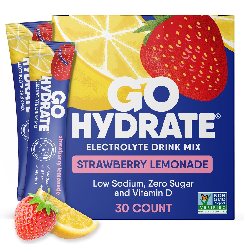 GoHydrate 低钠 电解质 粉末 包糖 无糖 - 即时水分 每日饮料 混合 - 零糖水 Flavor 包单带维生素 D - (Strawberry Lemonade, 30 Packs)