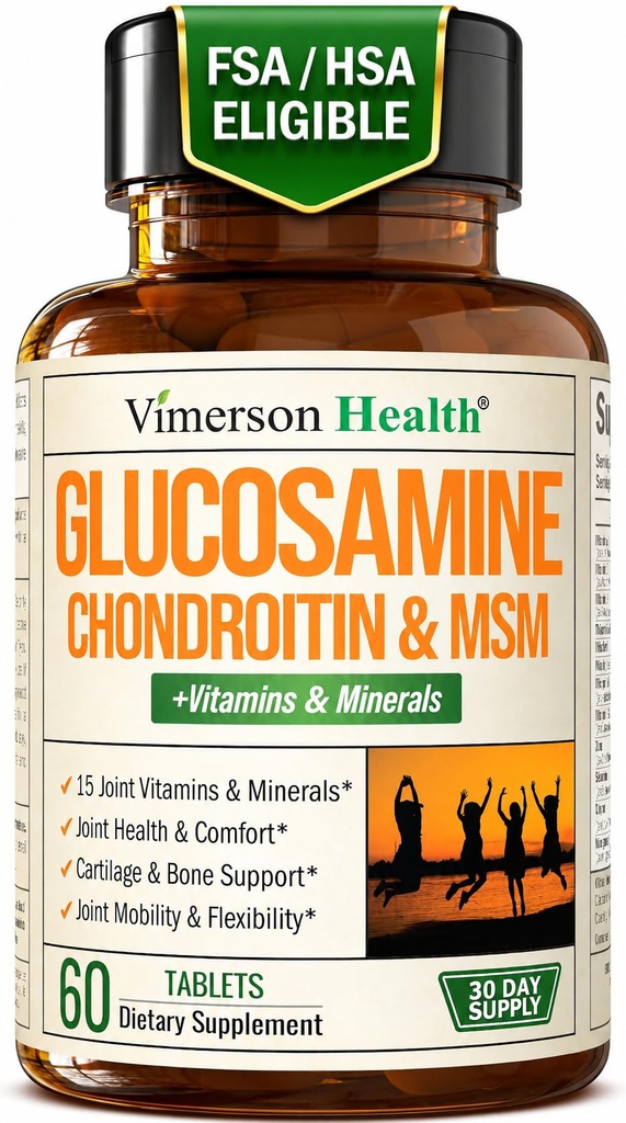 Glucosamine Chondroitin MSM 补编 – 男女高级联合补编 w/Glucosamine Sulfate 1000mg,Chondroitin Sulfate & MSM,维生素B12和更多用于联合健康 – FSA 合格