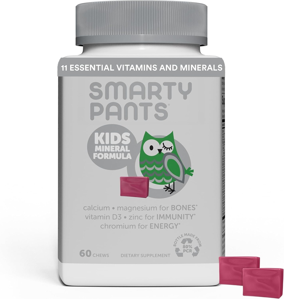 SmartyPants Kids Mineral Chews:配有维生素D3,维生素C,K2,锌和硒的镁Citrate & Calcium补充剂用于免疫支持,60 Counter(30天供应)