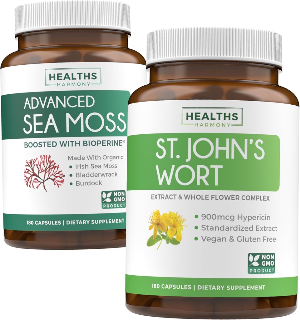 Sea Moss & St. John's Wort (2-Month Supplement) Mood Moss Blend - 有机爱尔兰海 Moss - Raw Vegan 补编 (180 Caps) & St John's Wort with Powerful 900mcg Hypericin Vegan Non-GMO (180 Capsules) (180 Capsules) (英语).