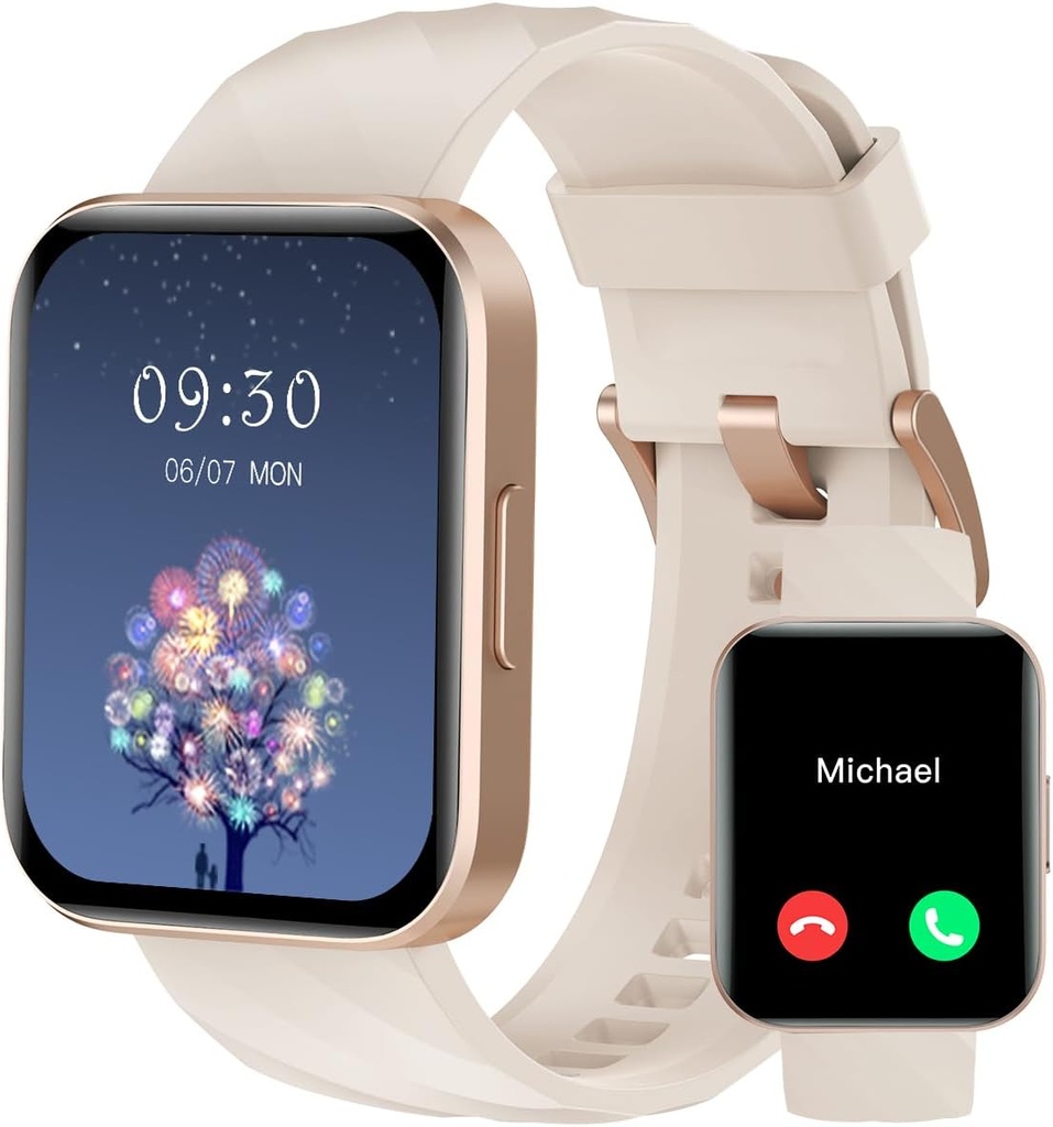 RUIMEN 女子男子智能观察(Answer/Make calls)与iPhone/Android Phone兼容,1.85"HD 屏幕适配性追踪器心率监视器100+运动跟踪器防水(Milky White)