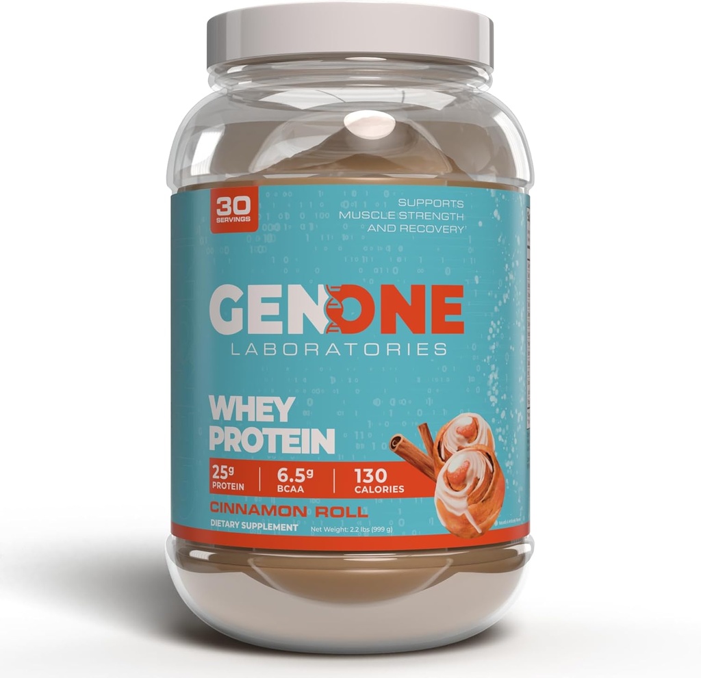GenOne Whey蛋白蛋白粉单质,25g蛋白和6.5g BCAAs 单质,肉桂卷,低卡布,快文摘,30种服务,2.25 LB