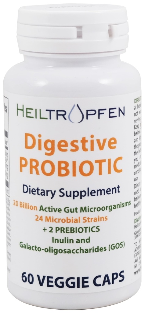 Heiltropfen 消化剂 Probiotic + Prebiotic → 24 Strains → 20亿 CPU → 60 Capsules → 活性古特 → 胰岛素和GOS → 饮食补充 → 第三方测试