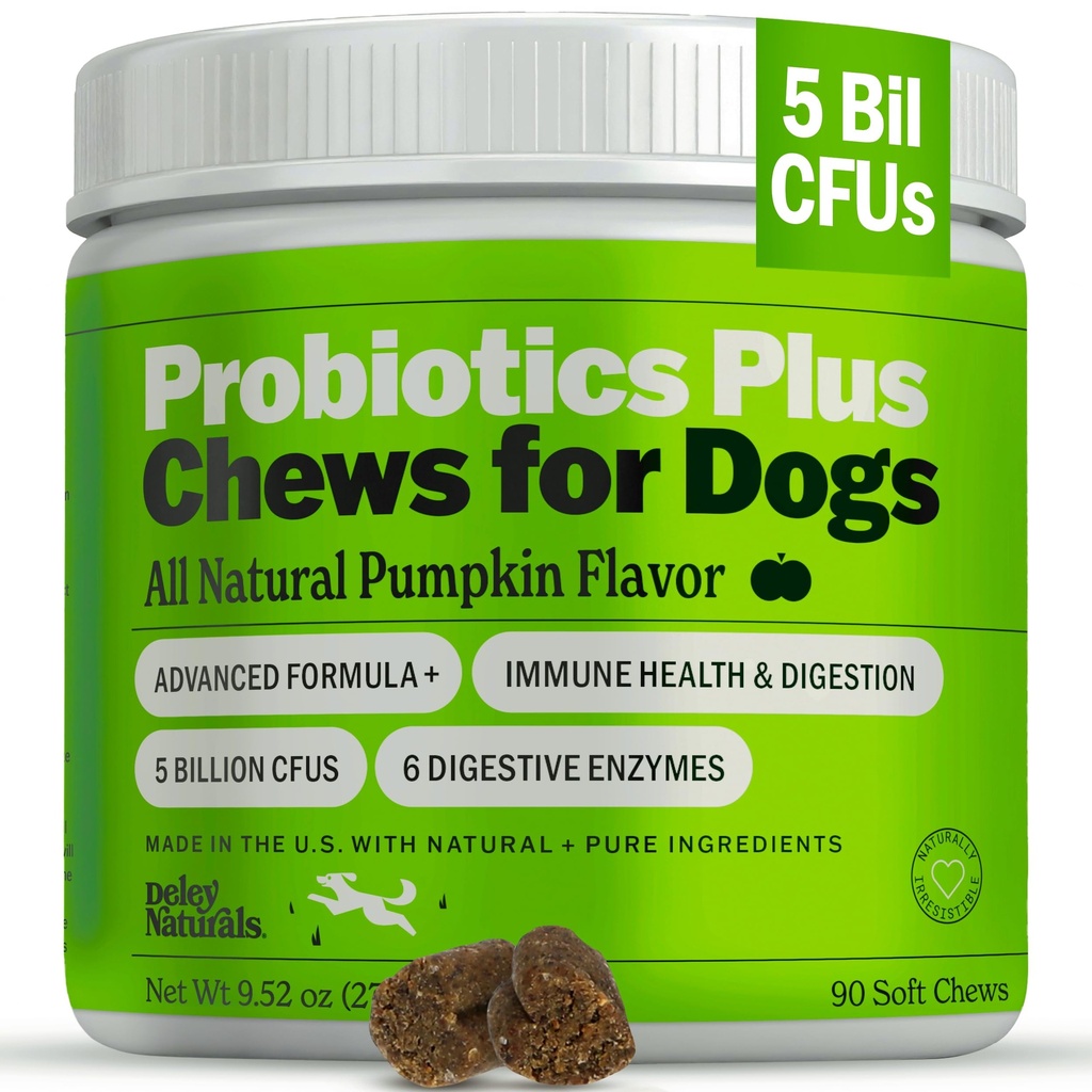 Deley Naturals Probiotics Plus Chews for Dogs, Gut Health Supplements, 5亿 CFU's, 消化酶, Prebiotics, Dog Alergies, 腹泻, Yeast, 南瓜火焰, 90 Counter - 在美国制造