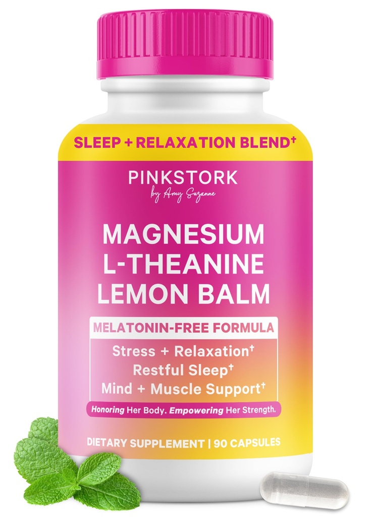 Pink Stork Magnesium Glycnit, L- Theanine, Lemon Balm - Melastonin - Free Magnesium for Sleep Support - 天然的平静和放松 - 90卡普尔