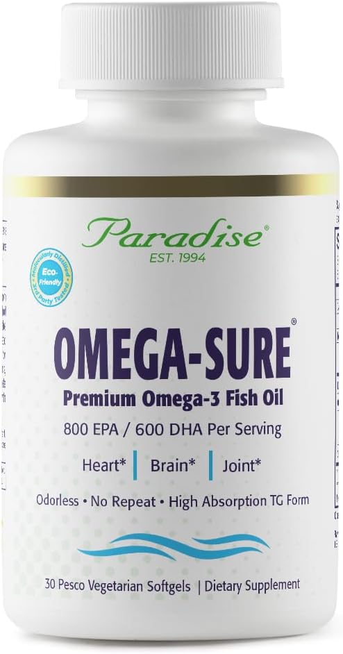 Paradise Herbs Omega - Sure, Omega - 3 Community, Premium Fish Oil, DHA, EPA, Vegan, Non GMO, Gluten Free, 30 维吉塔利伯爵软胶