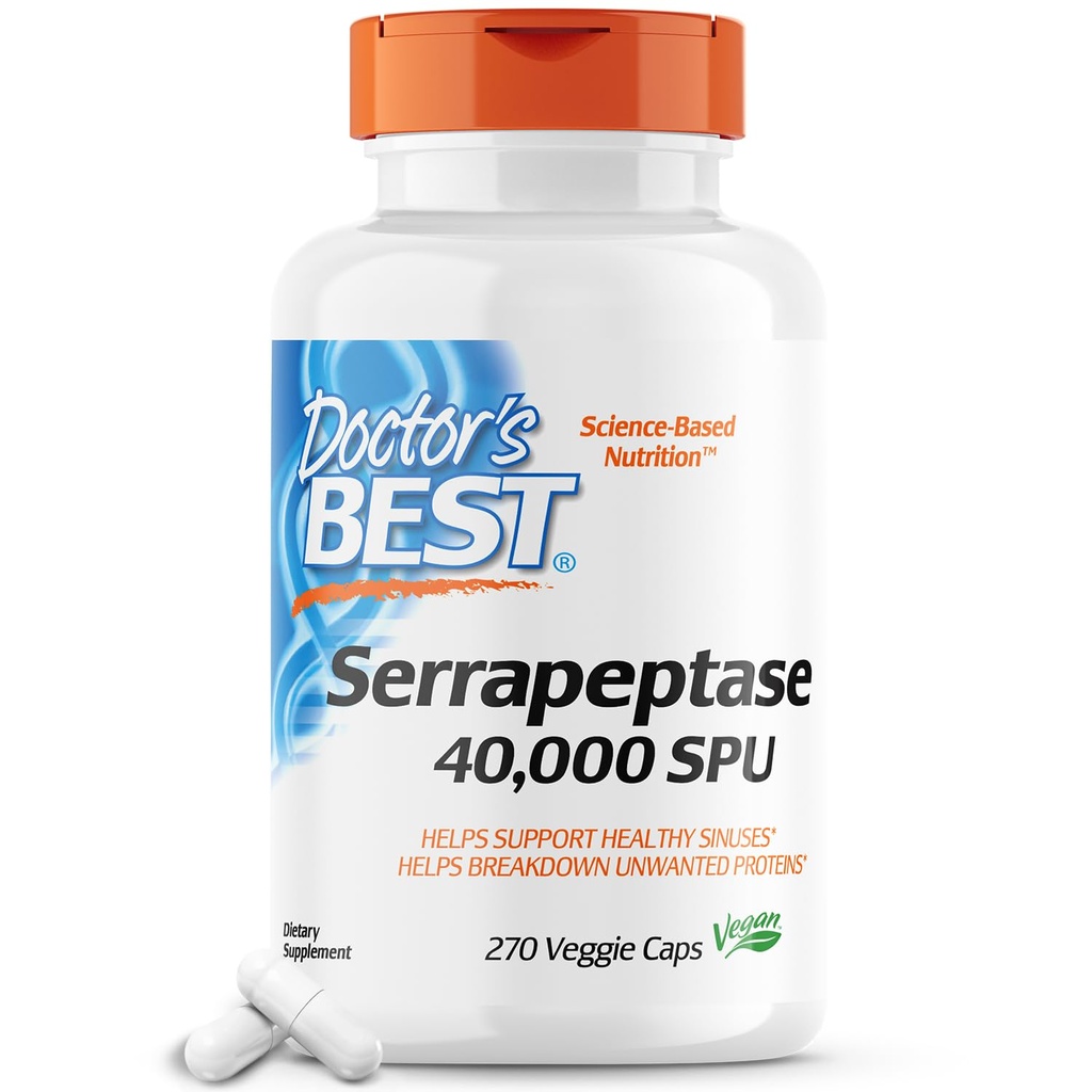 (原始内容存档于2018-09-21) (英语). Doctor's Best Serrapeptase, Non-GMO, Gluten Free, Vegan, Supports Health Sinuses, 40,000 SPU, 270 Count (Pack of 1).