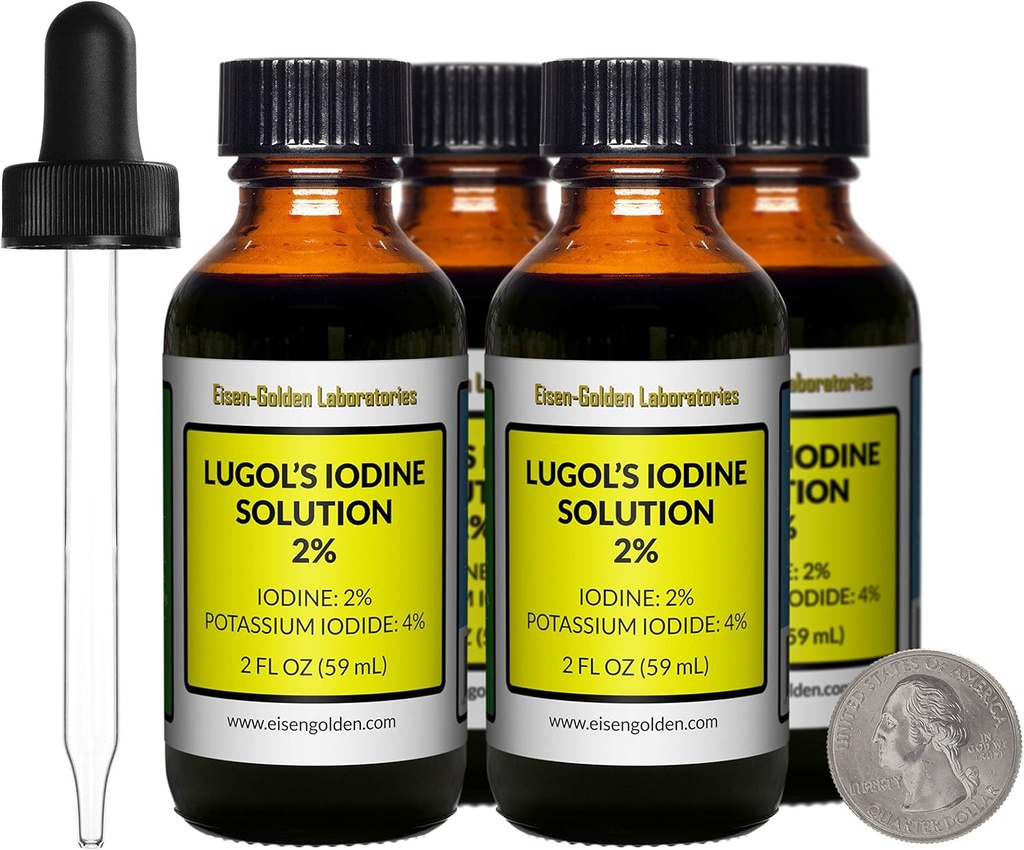 Lugol的碘 / 2% 溶液 / 8 Oz in Four Amber Glass Bottles/ Free Droppers/美国