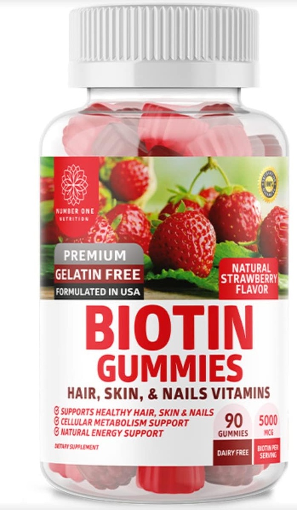 1号营养 N1N Premium Biotin Gummys 5000mcg [High Potency, 90 Gummys] 健康头发,皮肤和钉子,成人和儿童,Vegan, Non-GMO, Pectin Based