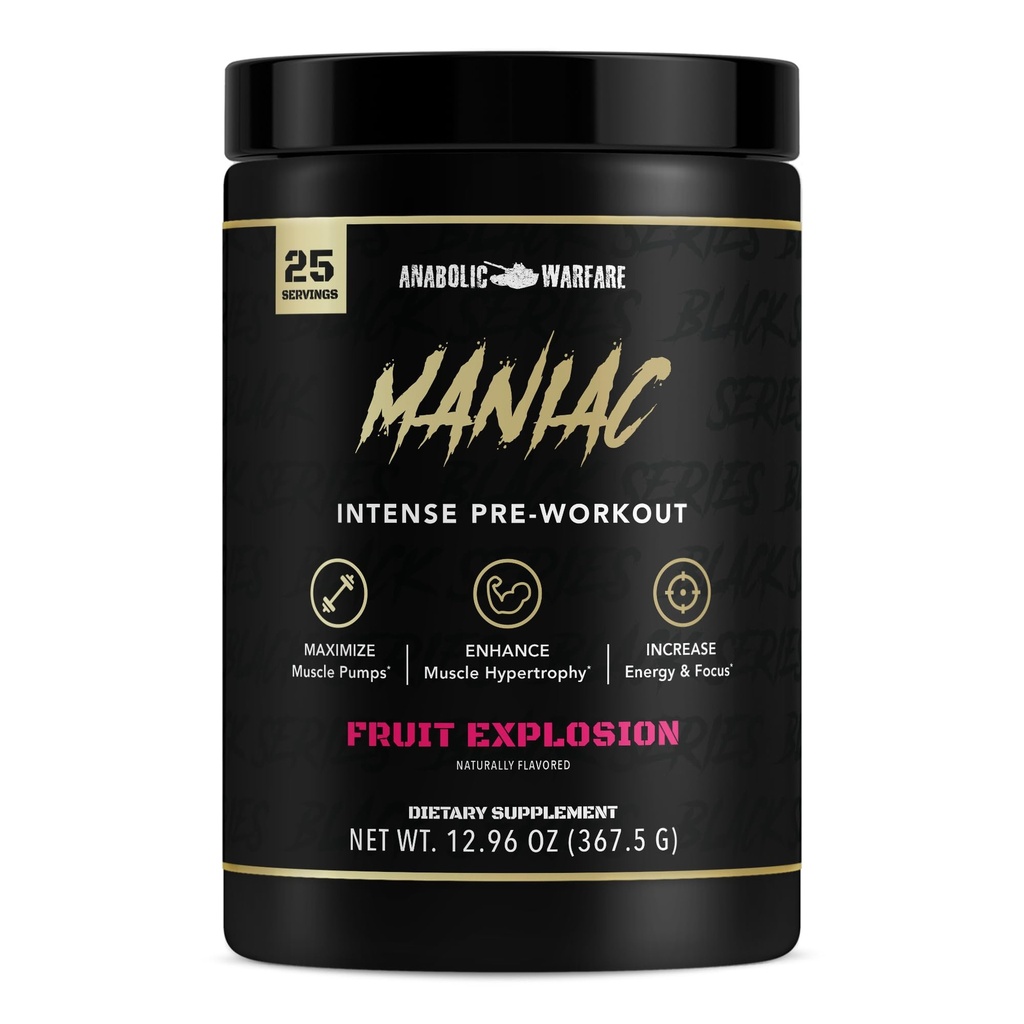 Anabolic Warfare Black Series Maniac, 工作前粉末, 支持硝氧化物, 肌肉泵和蛋白质合成 * 水果爆炸