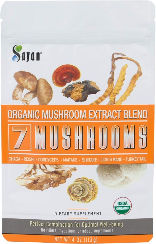 Sayan 7 蘑菇 USDA 有机提取粉末 补充剂 4 oz / 113g - Chaga, Reishi, Cordyceps, Maitake, Shitake, Lion's Mane and Turkey Tail, no fillers, 添加到咖啡或茶中,果实体