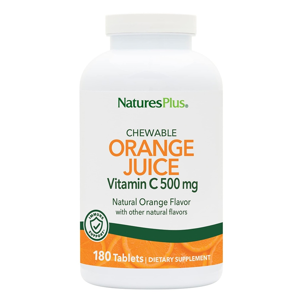 NaturesPlus 橙汁可食用维生素C - 500 mg,180 片 - 高概率免疫辅助剂,抗氧化剂 - Gentle On Tomach - Vegetarian, Gluten - Free - 180 服务品
