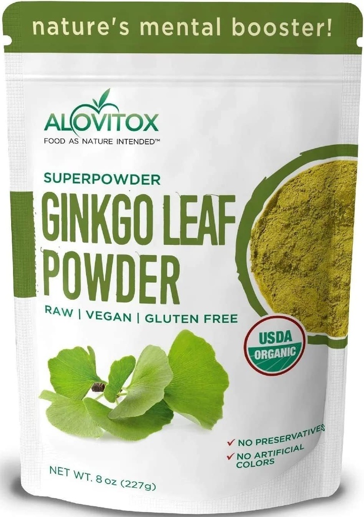 Ginkgo Biloba 叶粉 8oz - Ginkgo Biloba 茶叶支持健康老化,记忆,焦点,Mood & 集中度 - 100%天然 Ginko 叶片提取,Vegan,非GMO和认证有机 Ginkgo 叶粉