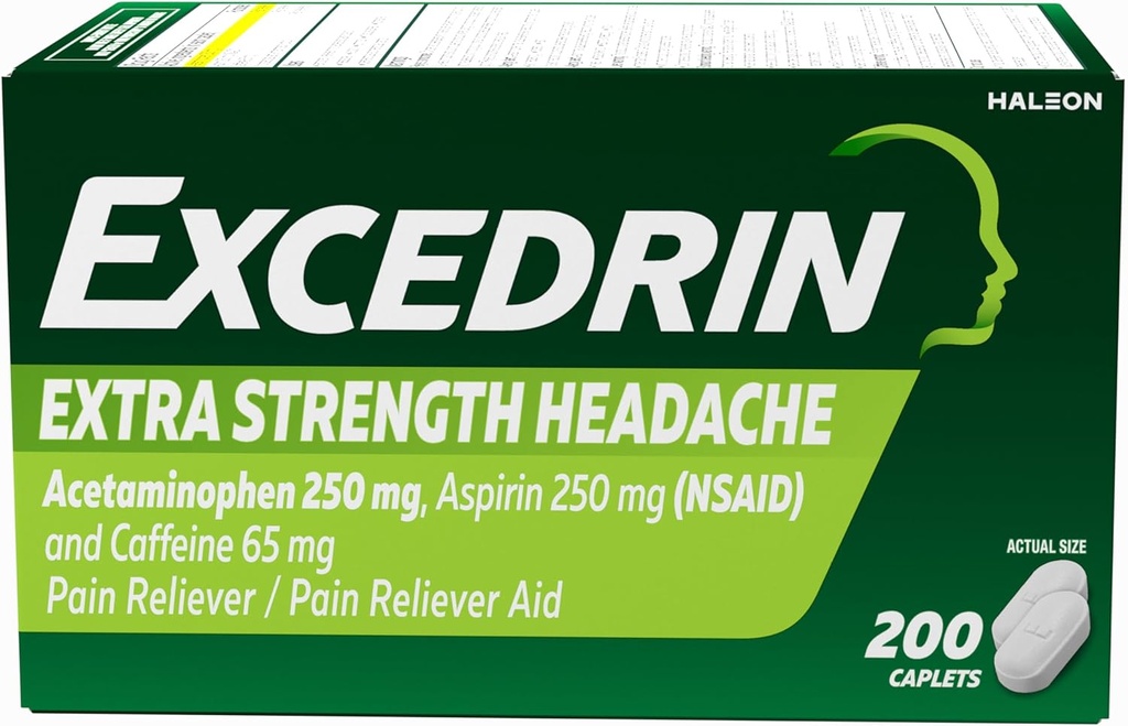 Excedrin Extra 强力疼痛救济卡片用于头痛救济, Acetaminophen 250mg, Aspirin 250mg, Cafeine 65mg, Pain Reliver, 200 Count