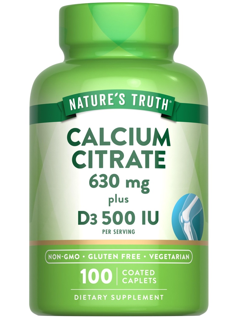 Nature's Truth Calcium 配有维生素D3的 Citrate + 100 Caplets → Vegetarian, Non-GMO & Gluten 免费补充