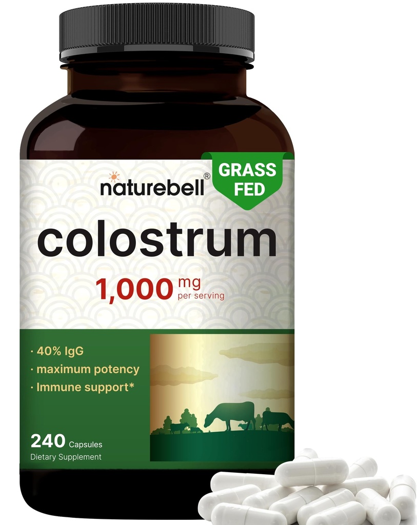 NatureBell Bovine Colostrum Supplement 1000 mg Pervice, 240 capsules 40% IgG Colostrum Power for Gut Health, Bloating, Skin, Hair & Immune Support – 非GMO (英语) (英语).