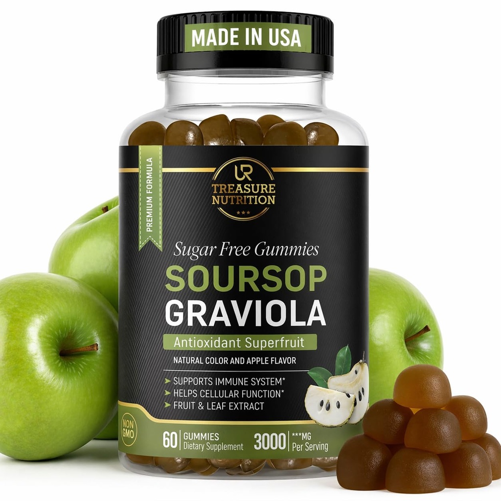Soursop Leaves & Soursop 水果胶片 - 3000mg Soursop 提取 - Graviola 补充 - Soursop 水果和叶片 - 60ct - 无糖 - Gluten free - 非GMO - Vegan 友好