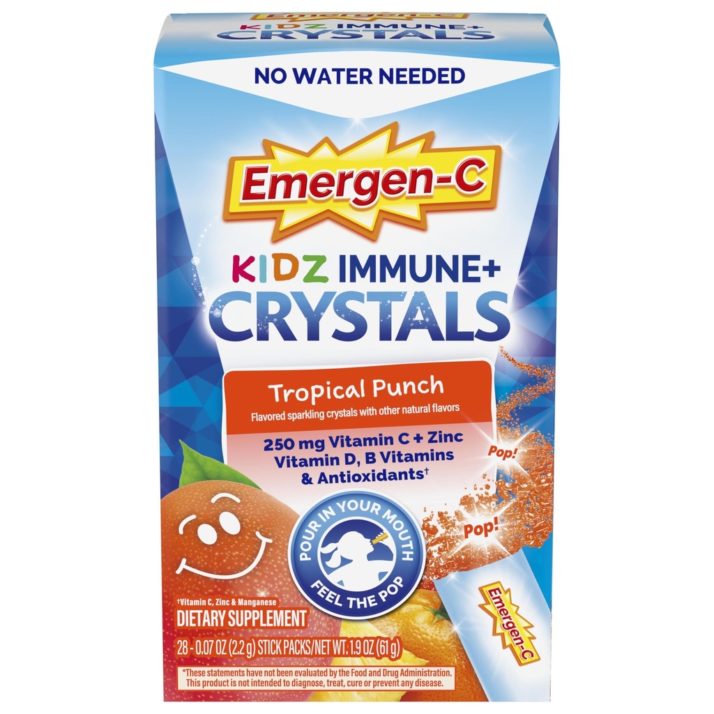 Emergen-C Kidz Immune Plus Crystals, On-The-Go Immune 支持补充 维生素C,维生素D,B 维生素,锌和满族,热带冲刺,返校基本知识 - 28个棒包