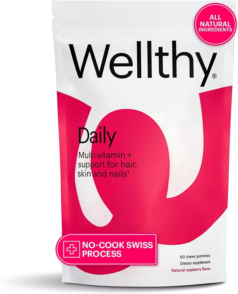 Wellthy Daily Multivitamin Gummy, Vegan 以锌、Biotin、硒和Niacin为皮革、蜗牛和毛发支持的男女配菜维生素(Raspberry Flavor,30天)
